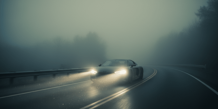 Carro com farol ligado durante estrada na neblina