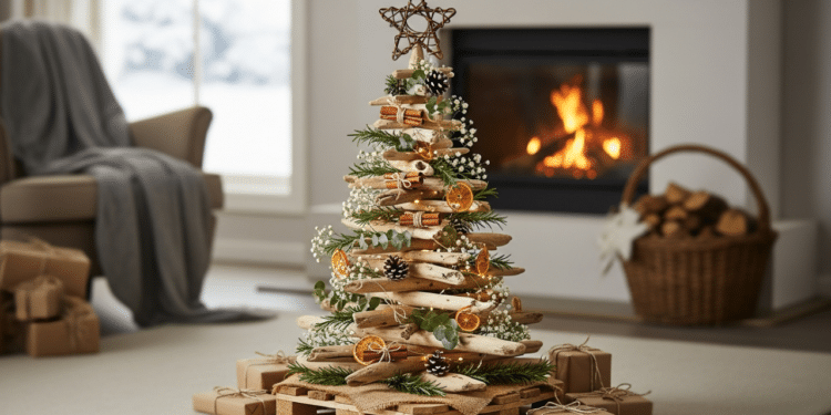 Árvore de Natal ecológica é feita com materiais sustentáveis e recicláveis, reduzindo o impacto ambiental.