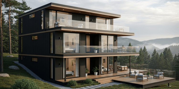 Casa modular pré fabricada com ambientes integrados, iluminação natural e estilo leve, perfeita para rotina em família.