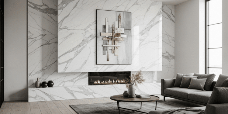 Placas vinílicas imitam mármore com alta resistência à umidade, fácil instalação e baixa manutenção.