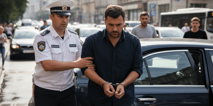 Homem sendo preso por agente oficial