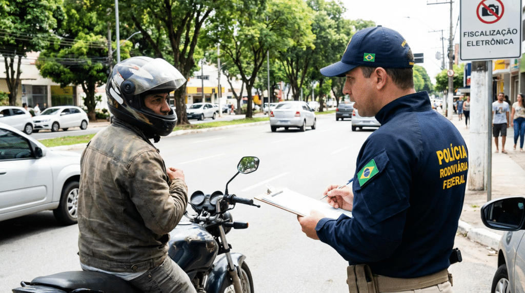 Motoqueiro sendo multado por policial