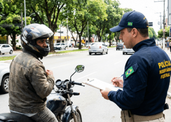 Motoqueiro sendo multado por policial