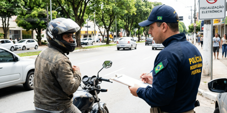 Motoqueiro sendo multado por policial
