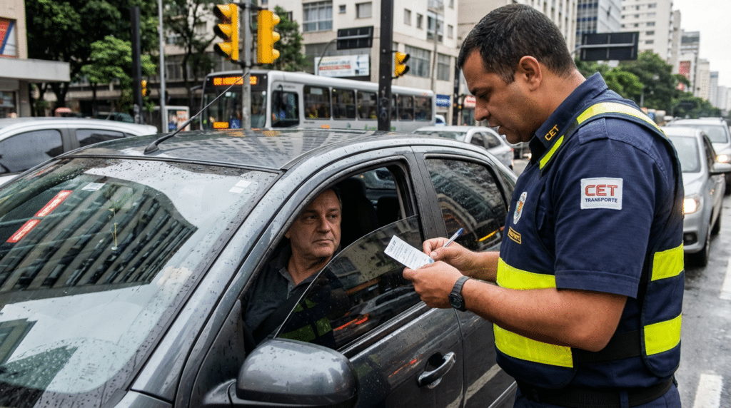 Motorista recebendo multa de oficial