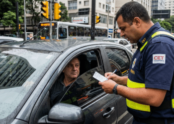 Motorista recebendo multa de oficial