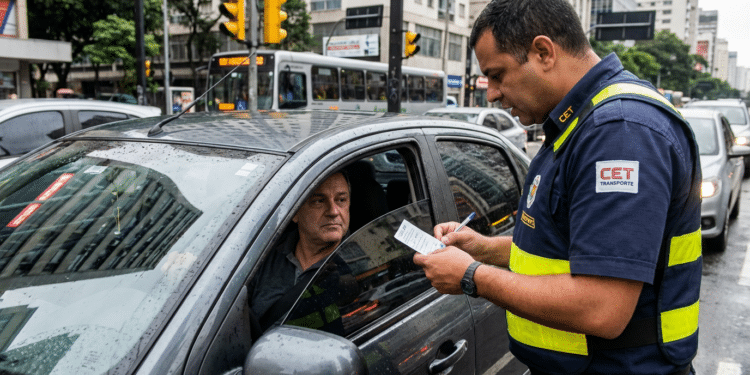 Motorista recebendo multa de oficial