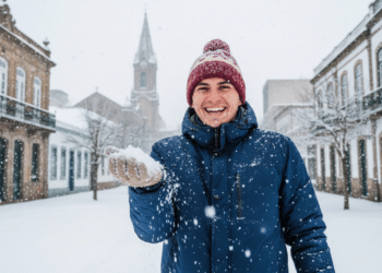 Homem com neve em mãos