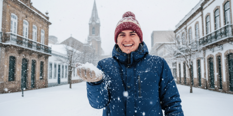 Homem com neve em mãos