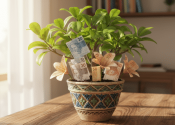 Planta em um vaso com dinheiro ao redor
