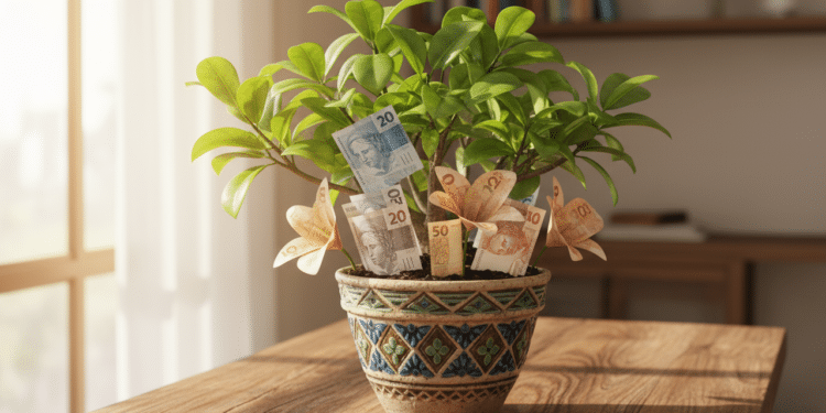 Planta em um vaso com dinheiro ao redor