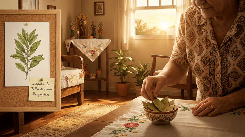 Preparando simpatia com folha de louro
