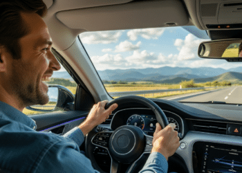 Motorista feliz dirigindo na estrada