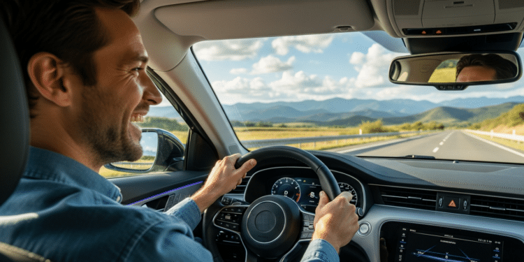 Motorista feliz dirigindo na estrada
