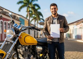 Motoqueiro contente ao lado de sua moto