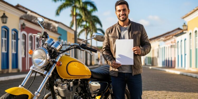 Motoqueiro contente ao lado de sua moto