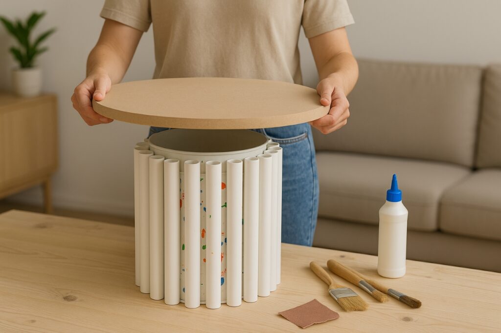 Aprenda a fazer uma mesa barata com balde de tinta e PVC que combina com qualquer ambiente