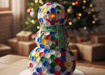 Faça um boneco de neve natalino com tapinhas recicladas e decore com criatividade