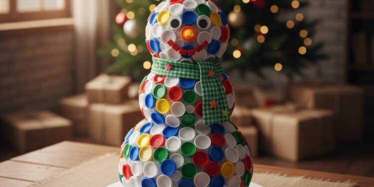 Faça um boneco de neve natalino com tapinhas recicladas e decore com criatividade