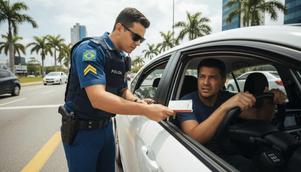 Oficial multando motorista brasileiro