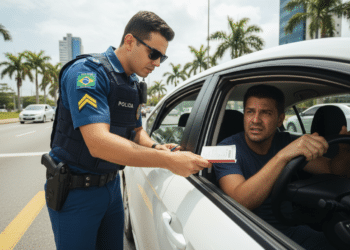 Oficial multando motorista brasileiro