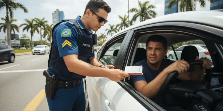 Oficial multando motorista brasileiro