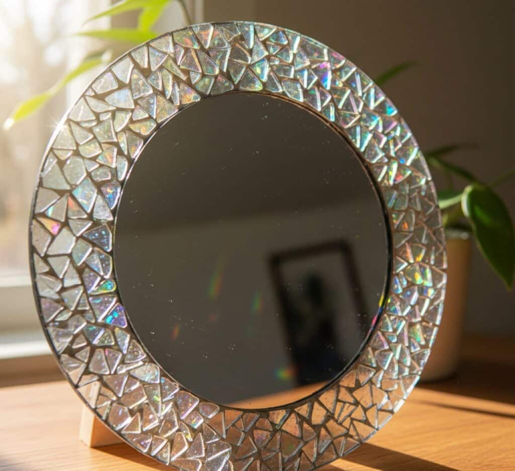 Transforme CDs antigos em mosaicos brilhantes e crie espelhos decorativos sustentáveis e cheios de estilo