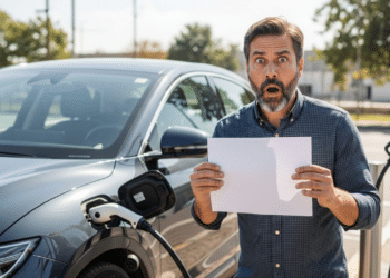 Homem supreso ao lado do seu carro