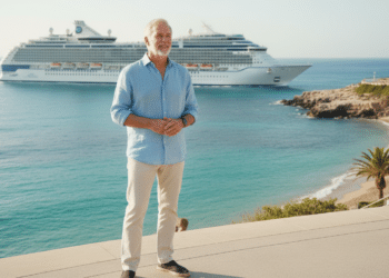 Homem de mais idade no litoral com o navio cruzeiro atrás