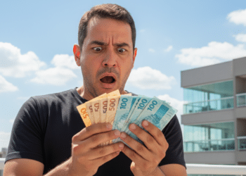 Homem com notas de dinheiro em mãos