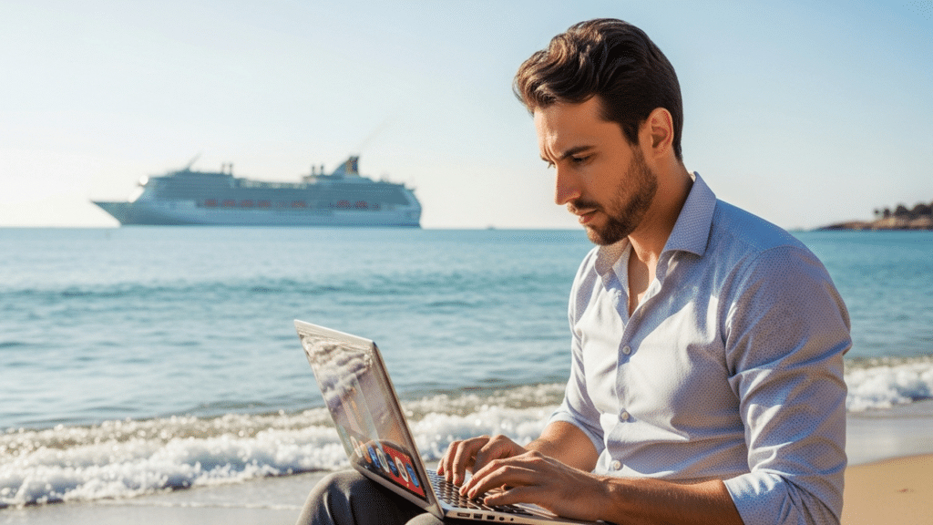 Homem mexendo no seu laptop na beira da praia perto do cruzeiro de luxo