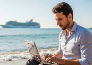 Homem mexendo no seu laptop na beira da praia perto do cruzeiro de luxo