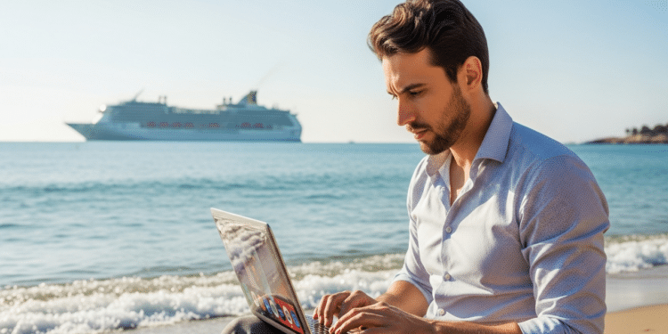 Homem mexendo no seu laptop na beira da praia perto do cruzeiro de luxo