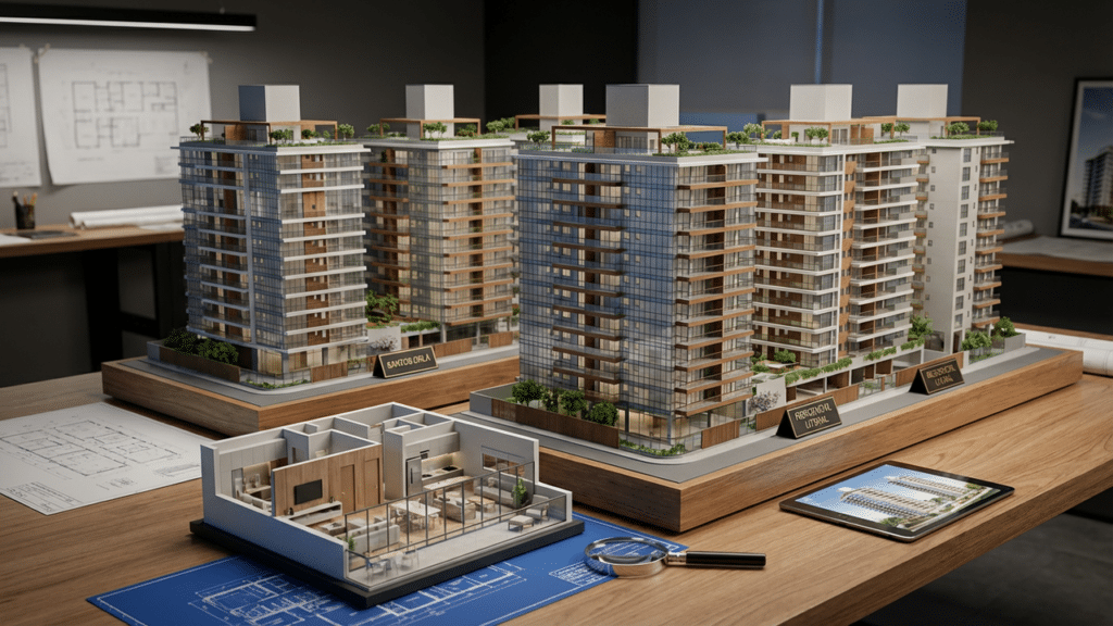 Maquetes de construção para prédios e apartamentos