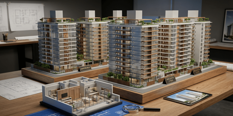 Maquetes de construção para prédios e apartamentos
