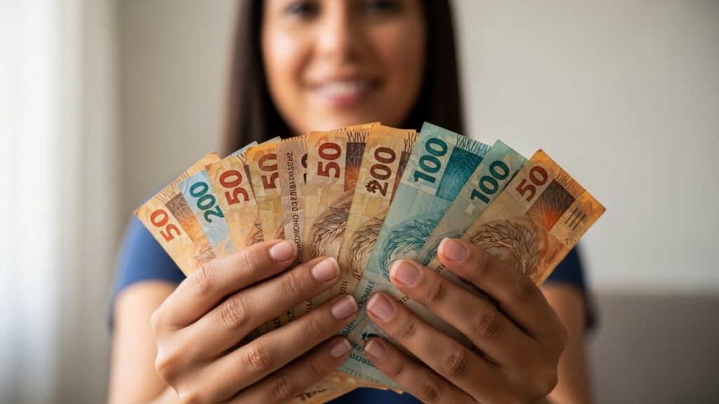 Mulher com várias notas em mãos