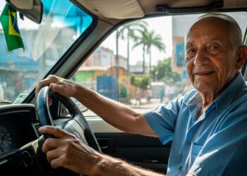 Idoso em seu carro durante o trânsito