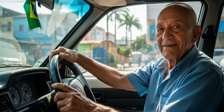 Idoso em seu carro durante o trânsito
