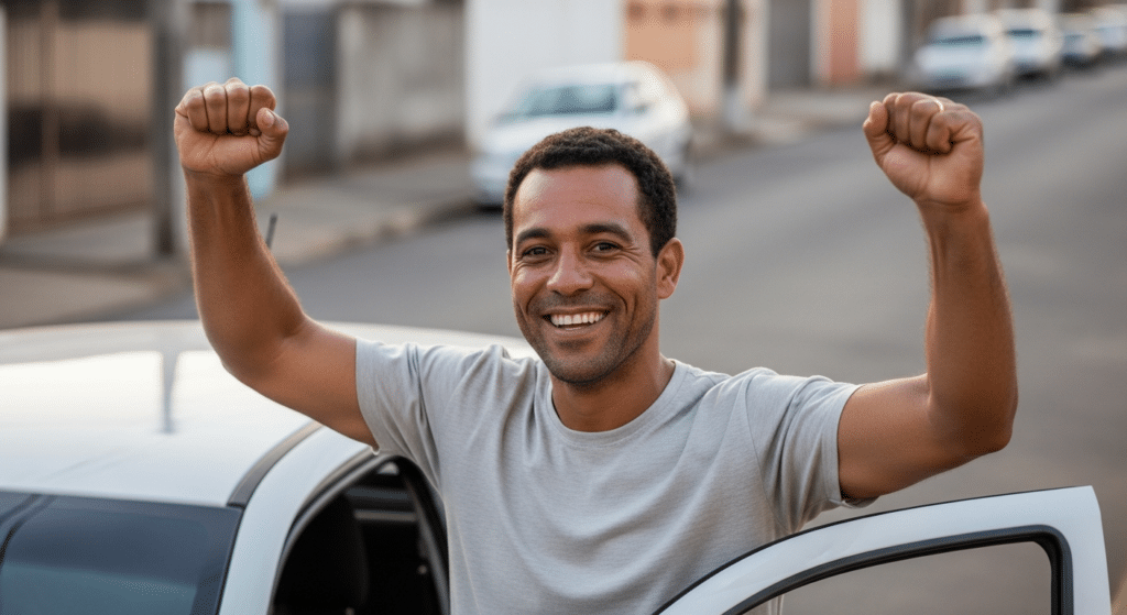 Motorista contente ao lado do seu carro