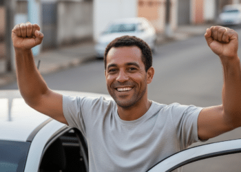 Motorista contente ao lado do seu carro