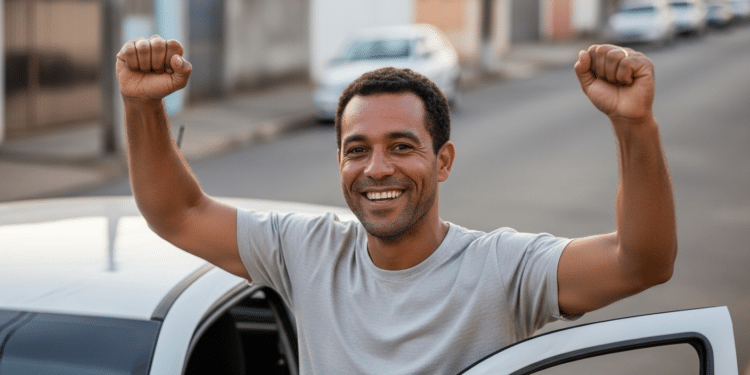 Motorista contente ao lado do seu carro