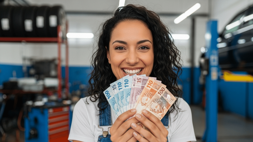 Ilustraçõa de mulher com dinheiro na mão na oficina