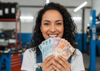 Ilustraçõa de mulher com dinheiro na mão na oficina