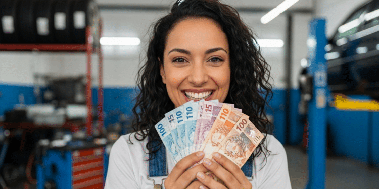 Ilustraçõa de mulher com dinheiro na mão na oficina