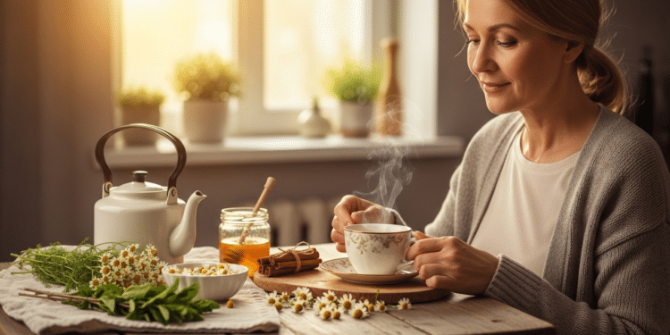 Mulher preparando chá perfeito em sua cozinha