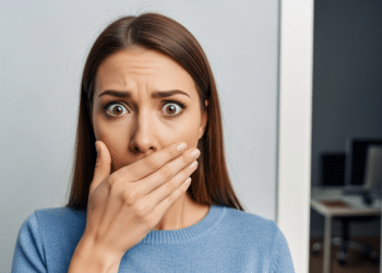 Mulher surpresa após ver o que tinha depois da porta