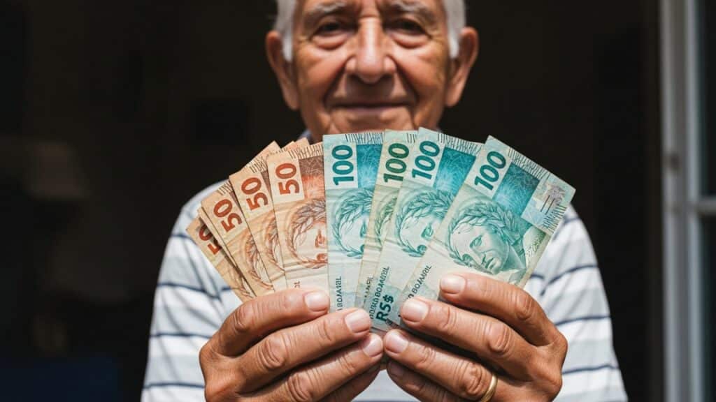 Idoso com notas de dinheiro em mãos