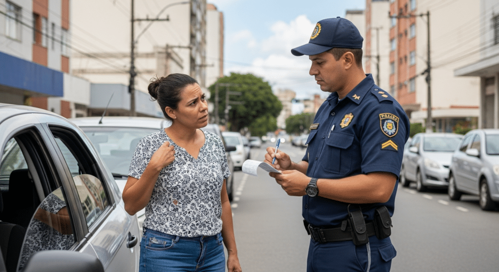 Oficial aplicando multa em motorista no meio da rua