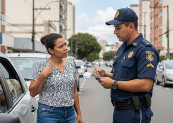 Oficial aplicando multa em motorista no meio da rua
