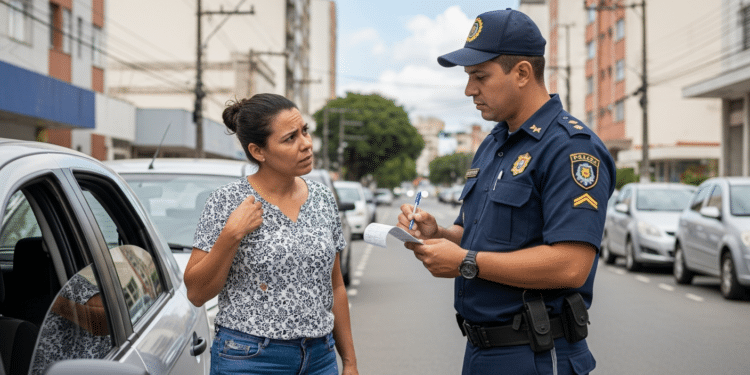 Oficial aplicando multa em motorista no meio da rua